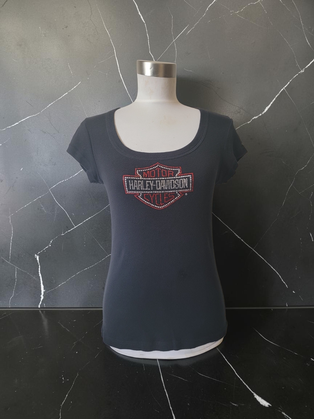 Harley-Davidson Black Scoop Neck Red and Silver Rhinestone Logo Tee Women's M